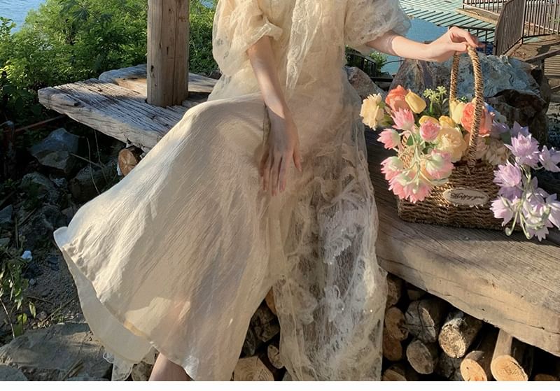 Three-Quarter Sleeve Cutout V-Neck Flared Maxi Gown