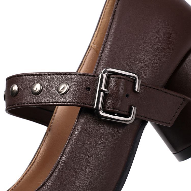 Chunky Heel Studded Buckled Faux Leather Mary Jane Pumps