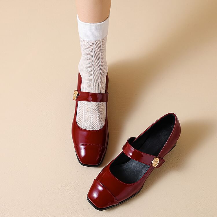 Chunky Heel Plain Patent Leather Mary Jane Pumps