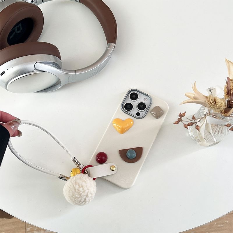 Geometric Phone Case with Pom Pom Strap