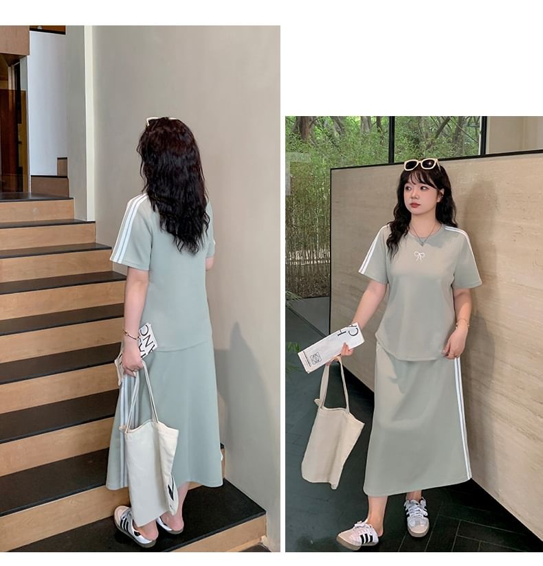 Plus Size Set: Short-Sleeve Round Neck Two Tone Bow Embroidered Tee + Drawstring Waist Midi A-Line Skirt