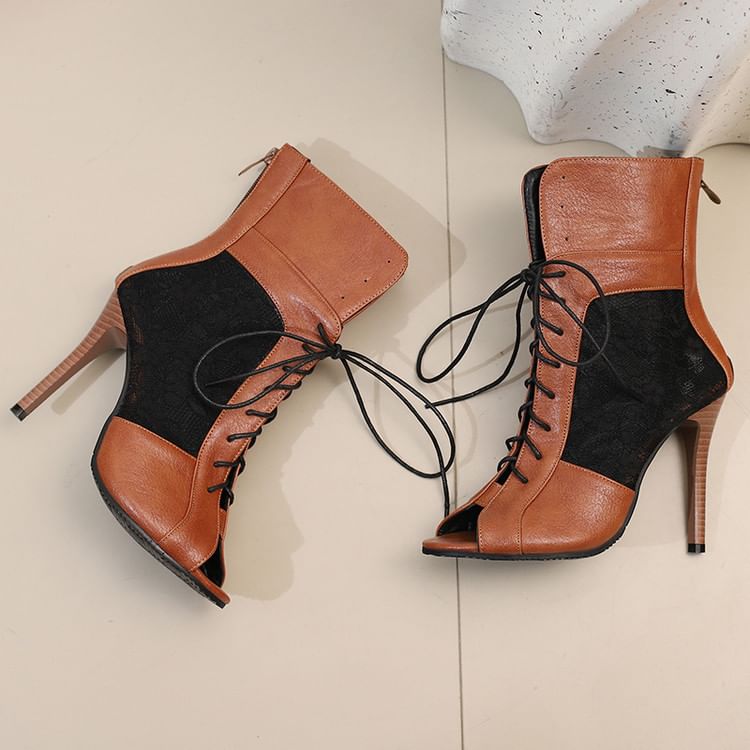 High Heel Peep-Toe Lace Panel Sandals