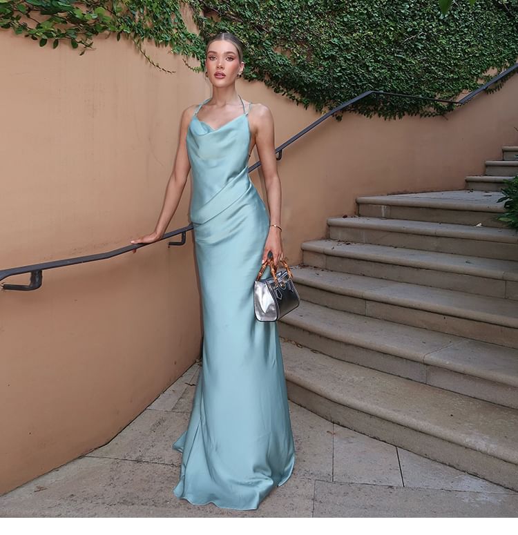 Spaghetti Strap Cowl Neck Plain Backless Satin A-Line Evening Gown