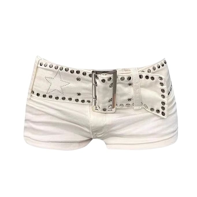 Low Rise Plain Studded Belted Denim Shorts
