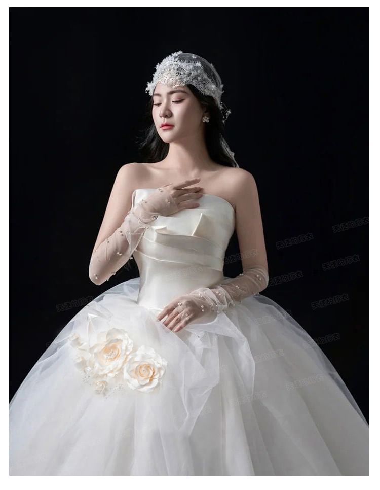 Strapless Floral Shirred Wedding Ball Gown