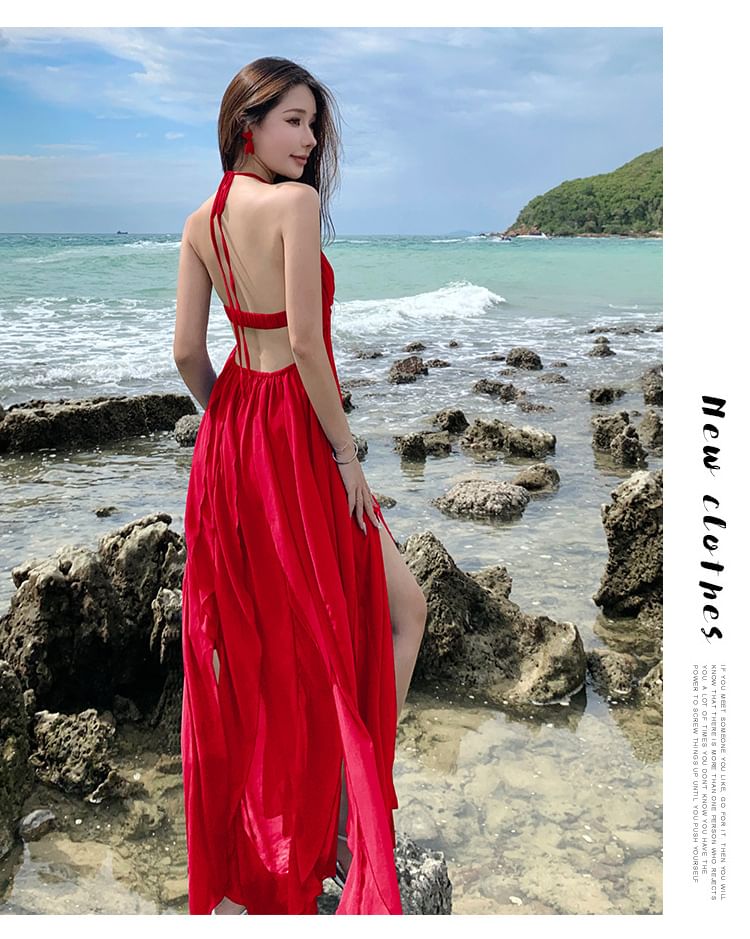 Spaghetti Strap Halter Neck Plain Ruffle Trim Maxi A-Line Dress