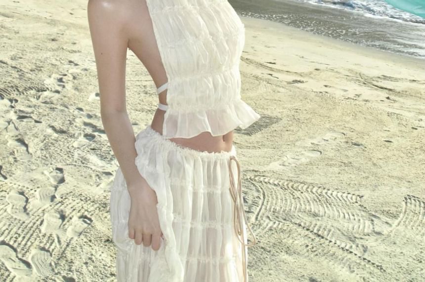 Set: Halter Neck Crop Cami Top + High Rise Plain Maxi A-Line Skirt