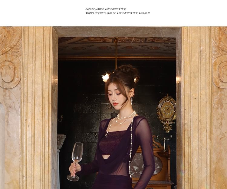 Long Sleeve Cowl Neck Plain Sequined Panel Bodycon Maxi Dress