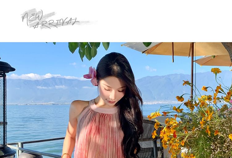 Sleeveless Crew Neck Pleated Tie Dye Maxi A-Line Dress