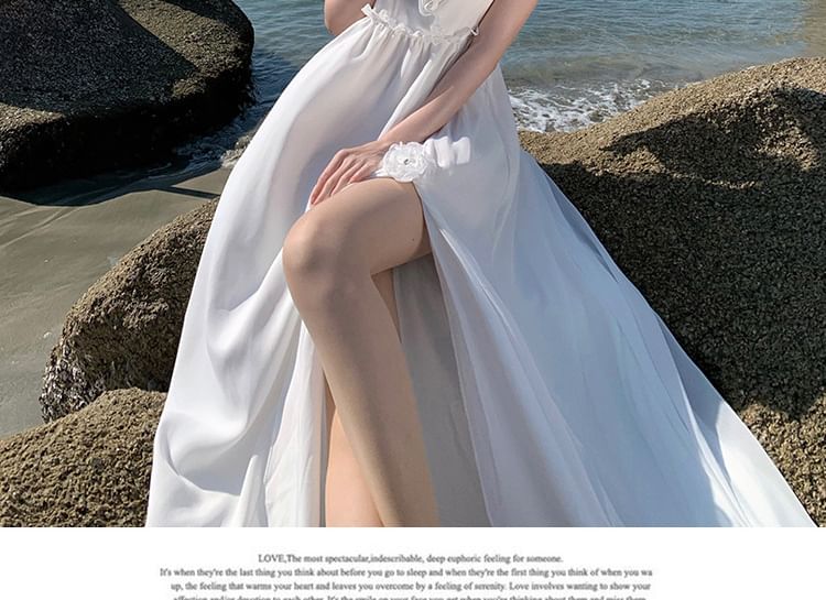 Sleeveless V-Neck Plain Slit Maxi A-Line Dress