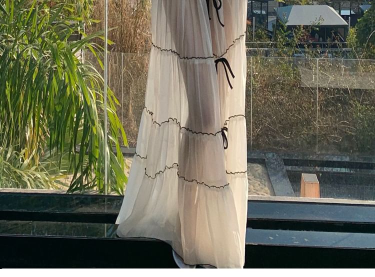 Set: Sleeveless V-Neck Plain Crop Top + Mid Rise Bow Detail Maxi A-Line Skirt