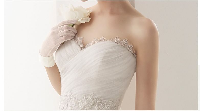 Plain Ruched Lace Panel Mesh A-Line Tube Wedding Dress