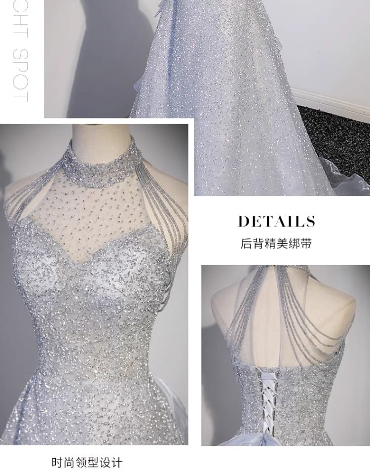 Sleeveless Halter Neck Plain A-Line Evening Gown
