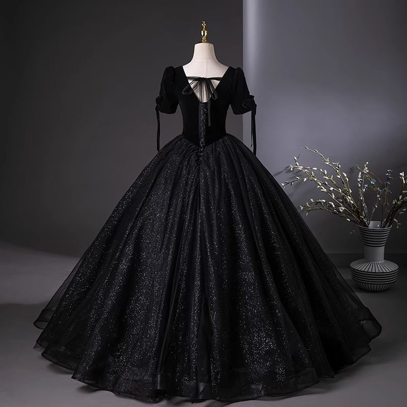 Short-Sleeve Square Neck Plain Glitter A-Line Evening Gown