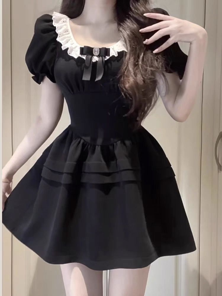 Ruffle Sleeve Puff Round Mini Neck A-Line Dress Bow