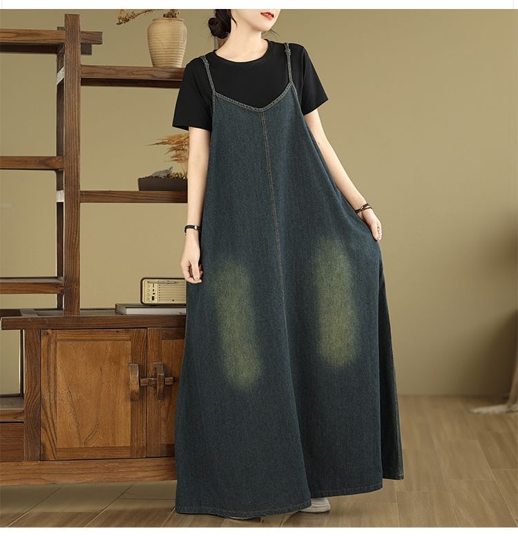 V-Neck Washed Denim Maxi A-Line Dress with Spaghetti Straps