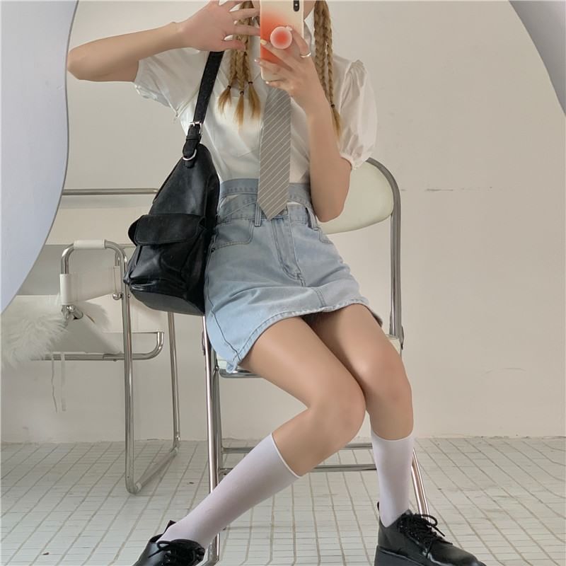 High Rise Washed Tie Back Mini A-Line Denim Skirt