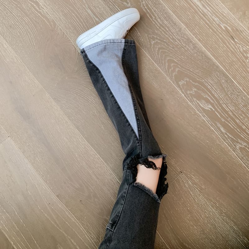 High Waist Washed Panel Distressed Flared Jeans