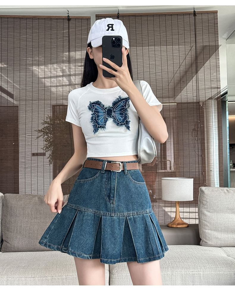 High Rise Pleated Denim Mini A-Line Skirt