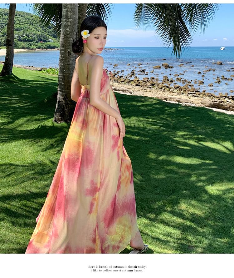 Keyhole Panel Tie-Dye Maxi A-Line Dress with Spaghetti Straps