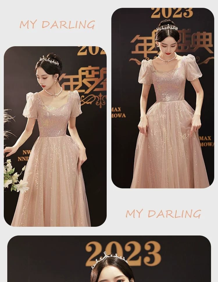 Puff-Sleeve Sequin A-Line Evening Gown