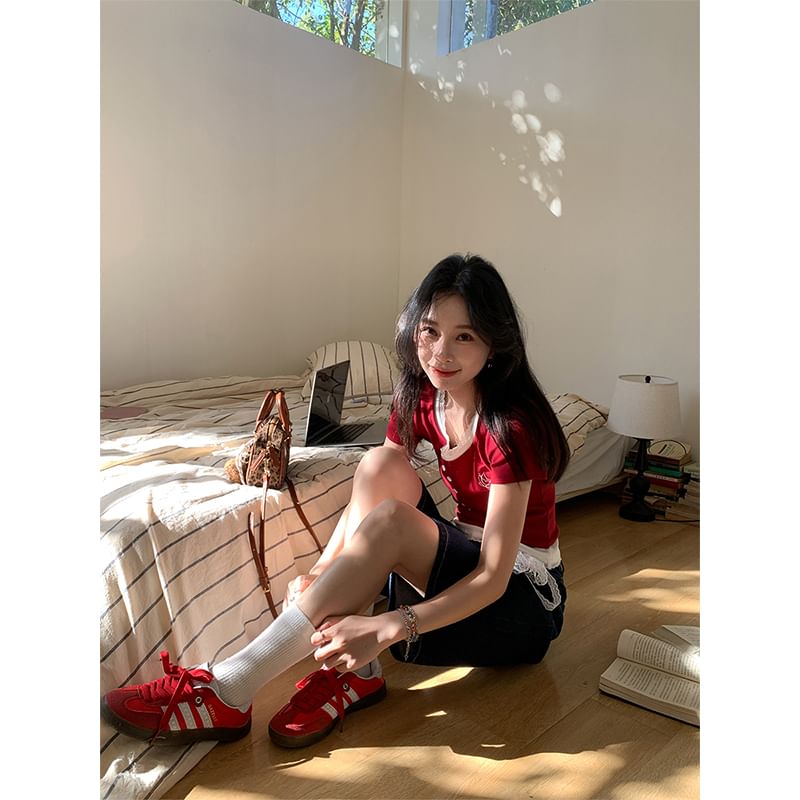 Mock Two-Piece Short-Sleeve Square Neck Crop Top