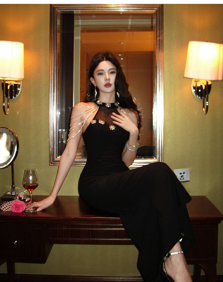 Sleeveless Crew Neck Plain Rhinestone Chained Panel Mesh Trumpet Evening Dress