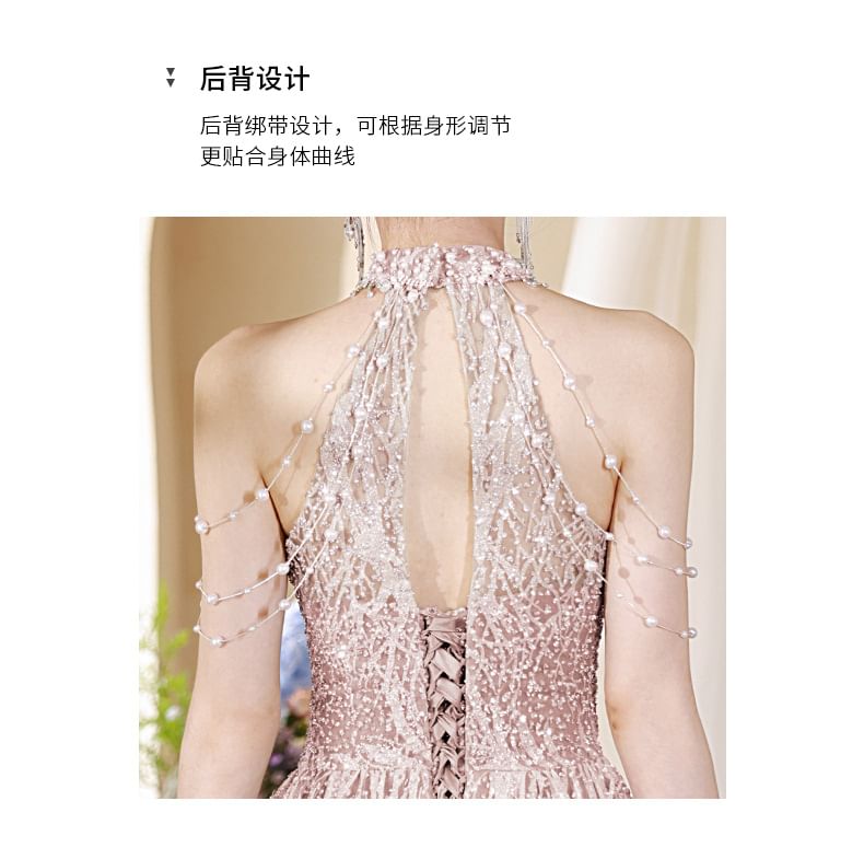 Halter Mock Neck Faux Pearl Fringed Cutout Back A-Line Evening Gown