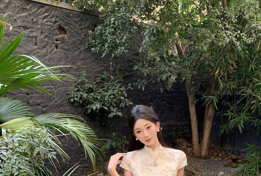 Short-Sleeve Stand Collar Lace Midi Sheath Qipao Dress