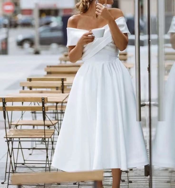 Off Shoulder Plain Midi A-Line Wedding Dress