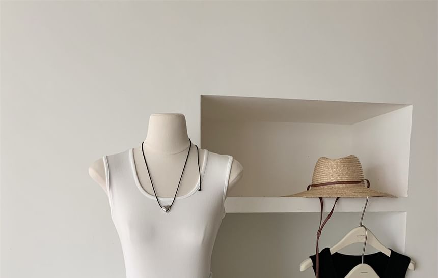 Sleeveless Scoop Neck Plain Ribbed Mini A-Line Dress