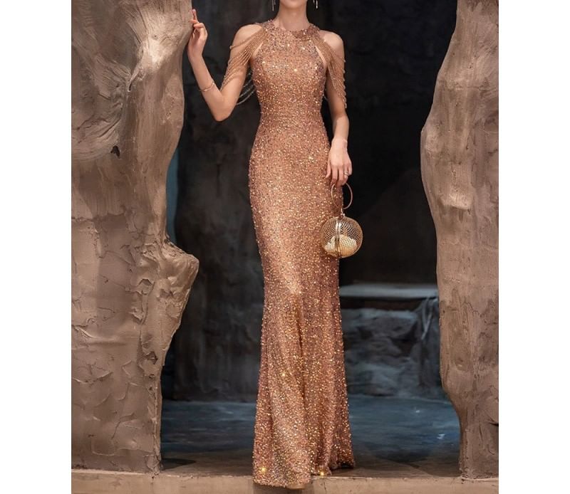Cold-Shoulder Sequin Strappy A-Line Cocktail Dress / Sheath Cocktail Dress / Trumpet Evening Dress