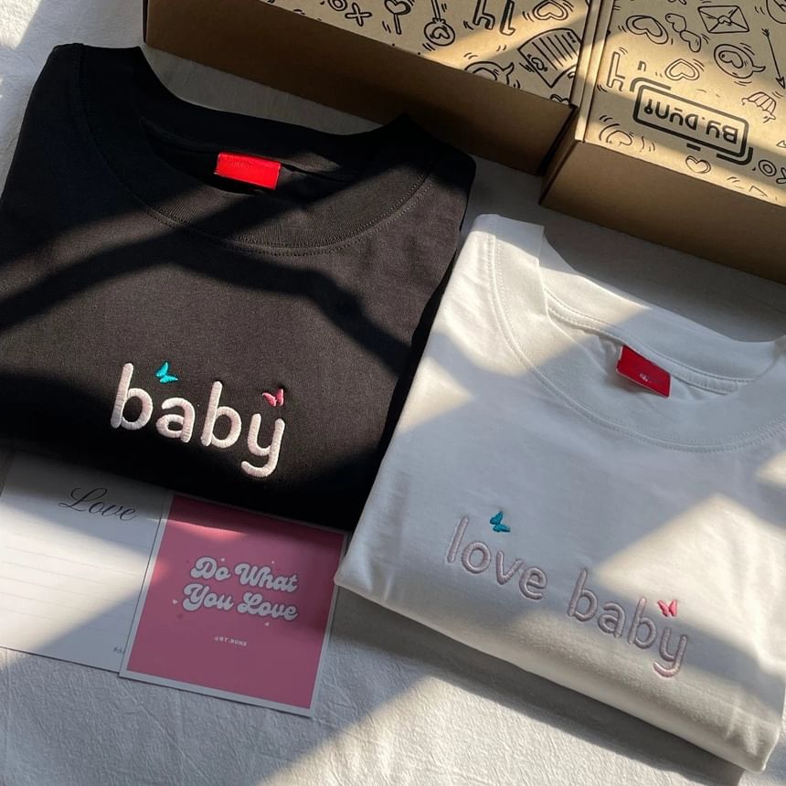 Couple Matching Short Sleeve Round Neck Lettering Print T-Shirt