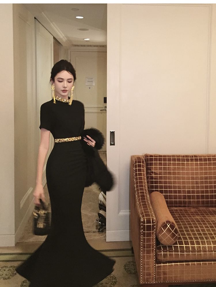 Short Sleeve Round Neck Plain Mermaid Evening Dress