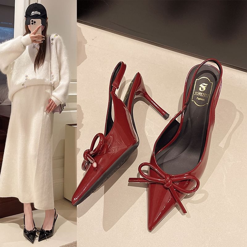Pointed Toe Stiletto Heel Bow Slingback Sandals