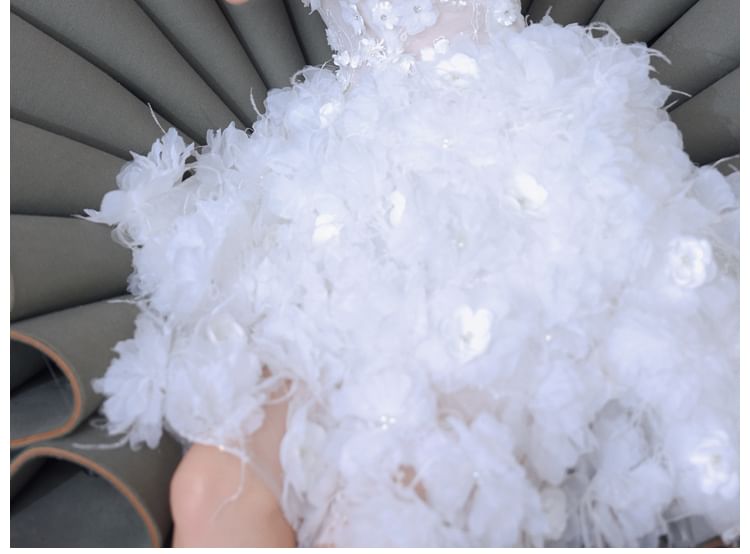 Spaghetti Strap Plain Floral Applique Mesh Mini A-Line Cocktail Dress