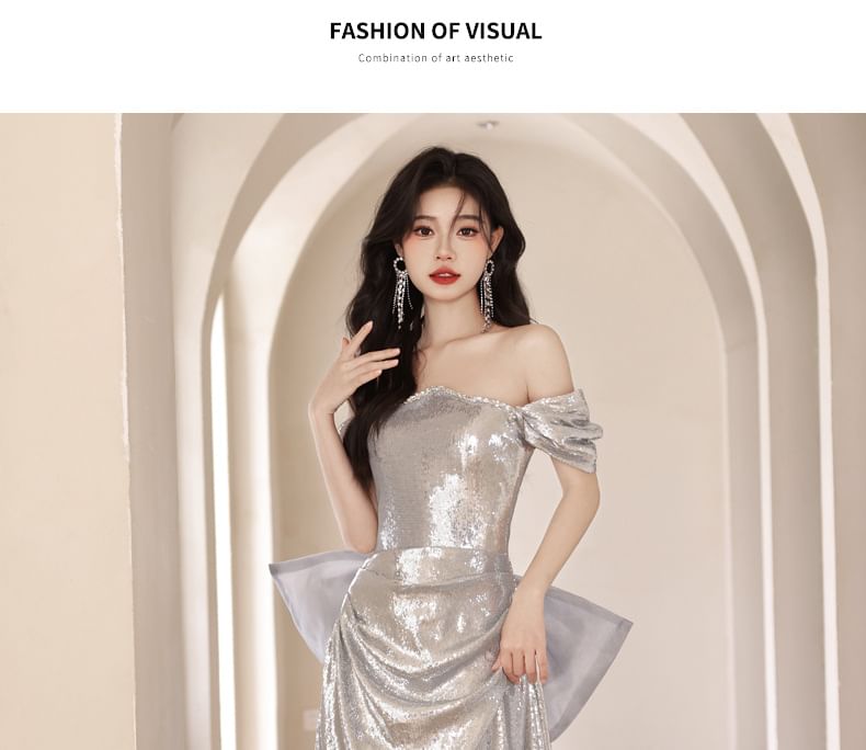 Off-Shoulder Sequin Bow Back A-Line Evening Gown