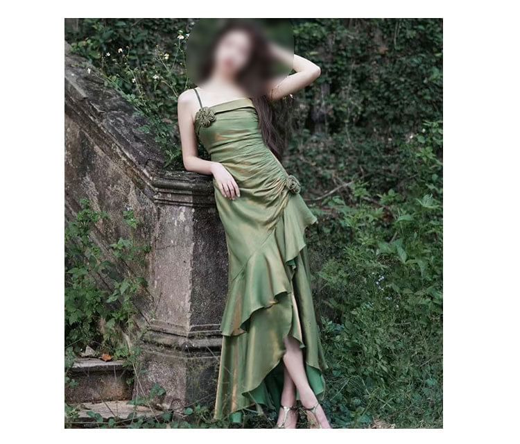 Spaghetti Strap Plain Flower Accent Asymmetrical Ruffle Trim Maxi Sheath Evening Dress