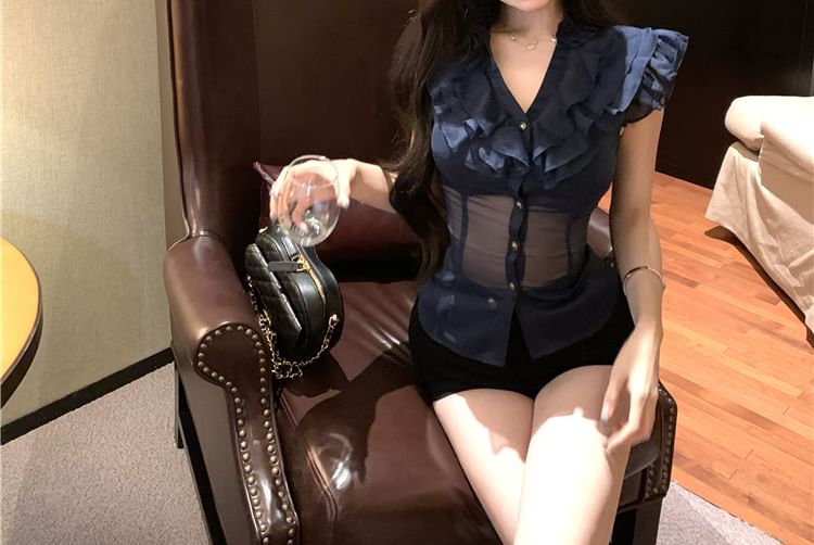 Cap-Sleeve Plain Ruffle Trim Slim Fit Blouse