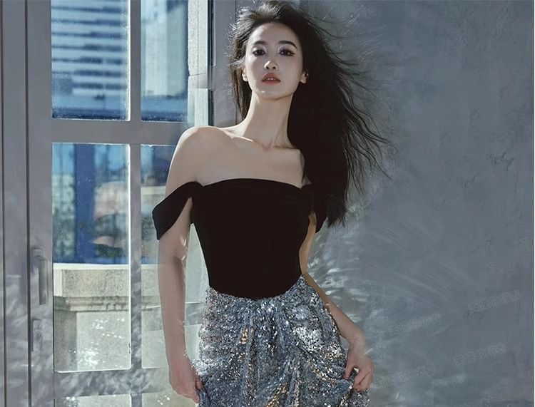 Off-Shoulder Sequined Velvet Panel A-Line Evening Gown