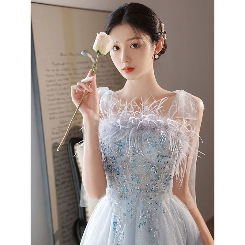 Fluffy Evening Gown A-Line Trim Sequined Tie-Shoulder