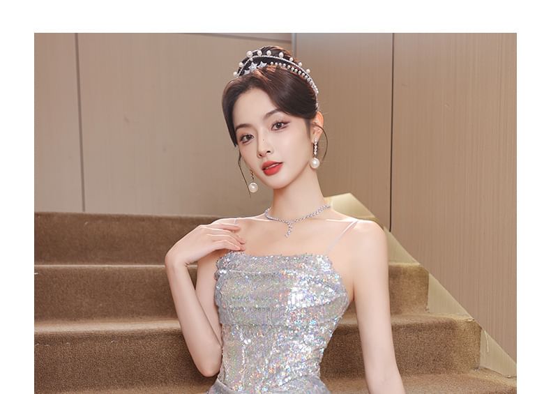 Spaghetti Strap Sequined A-Line Evening Gown