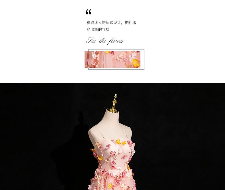 Strap Floral Gown Mesh Applique Spaghetti Evening A-Line