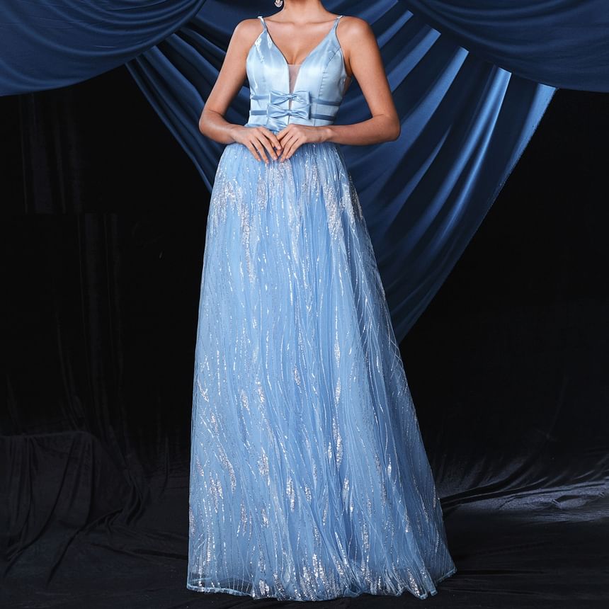 Spaghetti Strap V-Neck Sequin Bow Accent Open Back Mesh A-Line Evening Gown