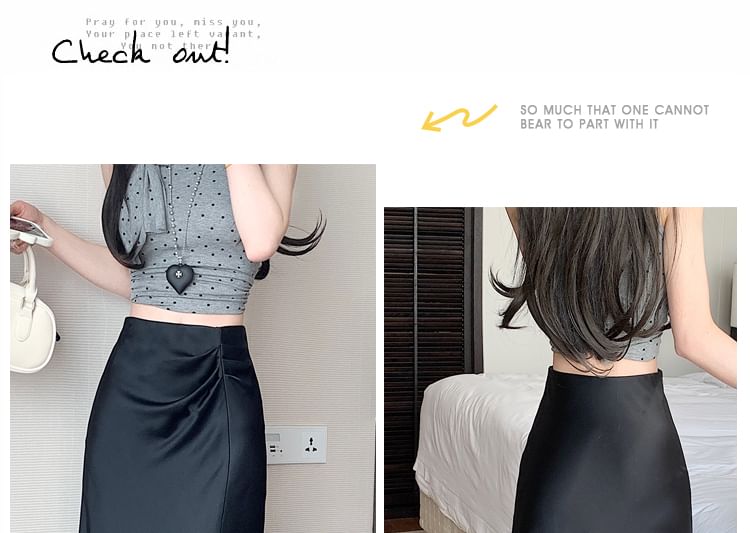 High Waist Plain Ruched Midi A-Line Skirt