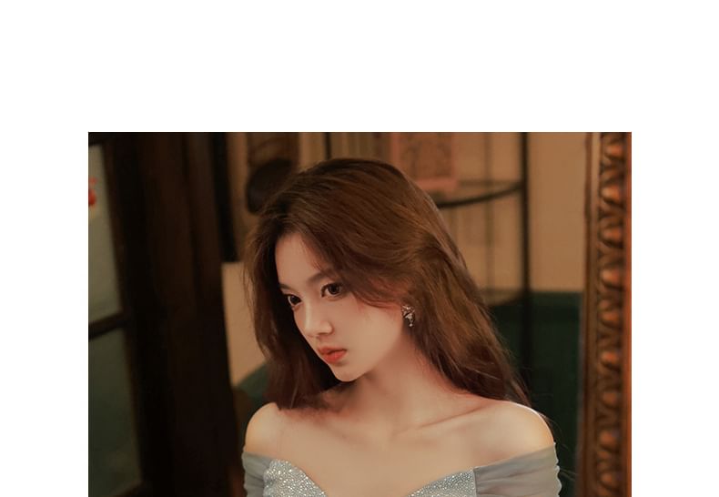 Off Shoulder Short Sleeve Sequined A-Line Cocktail Dress