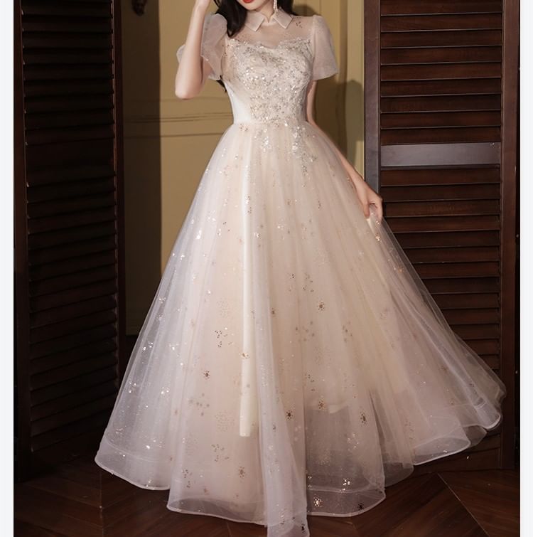 Short Sleeve Collared Sequin Embroidered Ruffle Mesh A-Line Cocktail Dress (Various Designs)