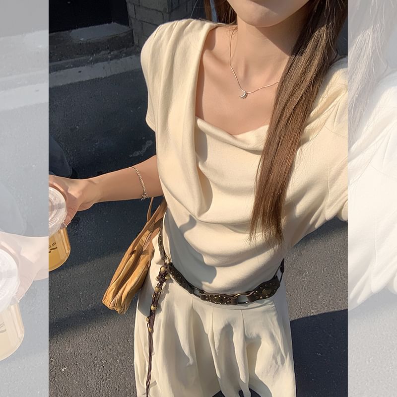 Short-Sleeve Cowl Neck Plain Ruched Slim Fit T-Shirt