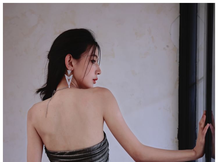 Strapless Metallic Cutout Slit Maxi A-Line Evening Dress