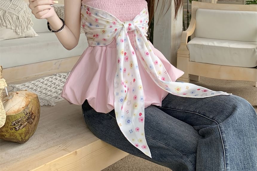 Floral Bow Peplum Tube Top